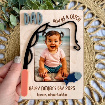 Personalised Wooden Fishing Fridge Photo Magnet Custom Picture Frame Magnet Unique Gift For Dad Grandpa Father's Day Gift Ideas