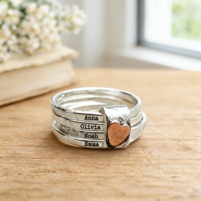 Personalised Family Name Ring for Her – Heart Stacking Ring, Stainless Steel, Perfect Gift for Mum or New Mama