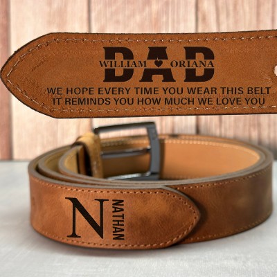 Personalised Handmade Dad Leather Belt with Names Unique Father's Day Gift