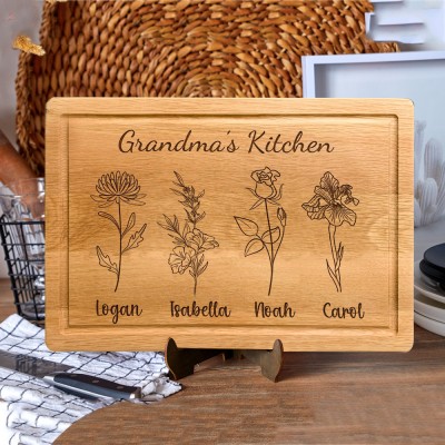 Personalised Grandma's Kitchen Birth Month Flower Cutting Board with Kids Names GIfts for Grandma Mum