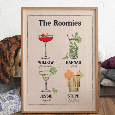 Personalised Roommates Drinks Art Print Frame with Names College Apartment Dorm Art Unique Gifts for Friends