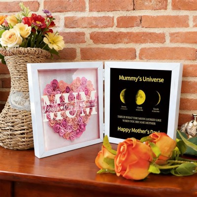 Personalised Mum Flower Shadow Box Linked with Moon Phase Frame Art Print With Kids Names Family Keepsake  for Mum Grandma Mother's Day Gift Ideas
