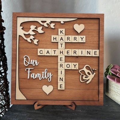 Personalised Crossword Scrabble Tile Family Wood Puzzle Plaque Sign with Kids Names Family Keepsake Gifts Mother's Day Gift