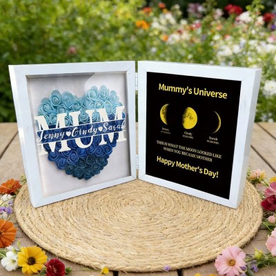 Personalised Mum Flower Shadow Box Linked with Moon Phase Frame Art Print With Kids Names Family Keepsake  for Mum Grandma Mother's Day Gift Ideas