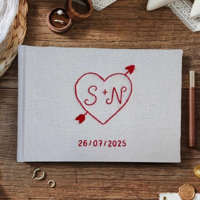 Custom Hand Embroidered Wedding Guest Book with Heart Arrow Design for Couples Unique Wedding Gifts
