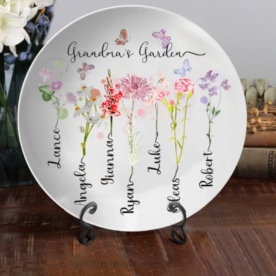 Personalised Grandma's Garden Birth Flower Members Names Family Platter Gift for Grandma Mum Mother's Day Gift