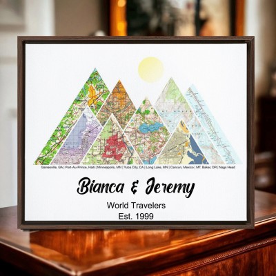 Personalised Adventure Travel Map Print Framed Mountain Wall Art Unique Gifts for Couple Anniversary Gift Christmas Gift