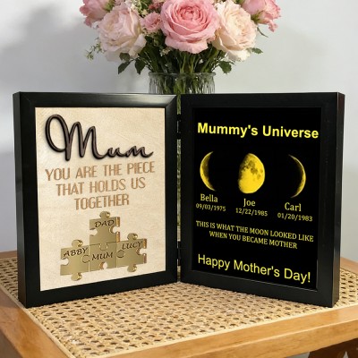 Custom Name Puzzle Piece Sign with Moon Phase Frame – Personalised Family Keepsake Gift for Mum or Grandma, Perfect for Mother's Day