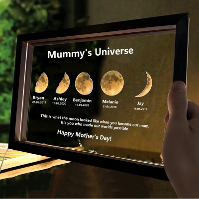 Custom Mummy's Universe Moon Phase Night Light Frame with Kids Names Gifts for Mum Grandma Unique Mother's Day Gift