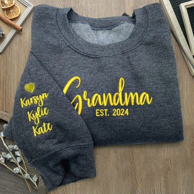 Custom Grandma Embroidered Sweatshirt Hoodie with Names on Sleeve For Mother's Day Gift