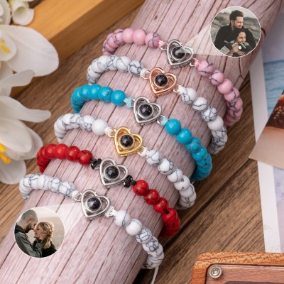 Personalised Heart Shaped Photo Projection Beaded Bracelet with Picture Inside Keepsake Gifts For Couple