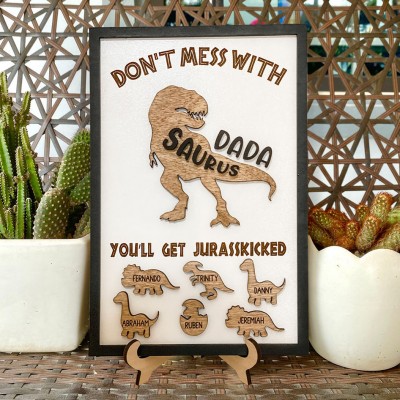 Personalised Dada Dinosaur Wooden Frame Sign With Kids Names Special Father's Day Gift Ideas