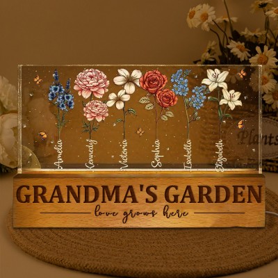 Grandma's Garden Birth Month Flower Wood Night Light with Kids Names Personalised Gifts for Mum Grandma Mother's Day Gift