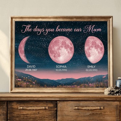The Days You Became Our Mum Custom Wood Moon Phase Print Frame Sign With Kids Names And Dates Birthday Gifts for Mum Mother's Day Gift Mum Pregnancy Gift