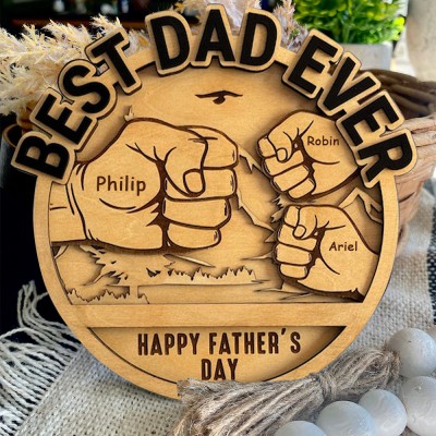 Custom Best Dad Ever Fist Bump Wooden Frame Round Sign With Names Unique Father's Day Gifts