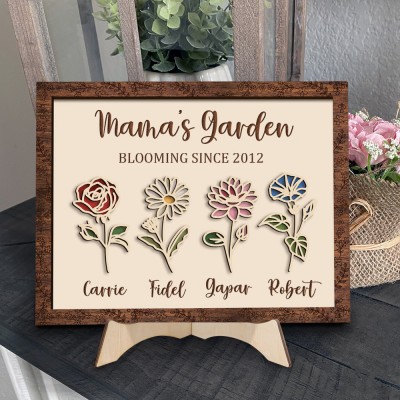 Personalised Mama's Garden Blooming Birth Flower Frame Wood Sign with Names Perfect Gifts for Mum Grandma Mother's Day Gift Ideas