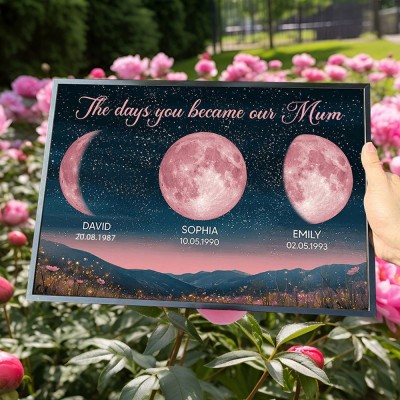 Custom The Days You Became Our Mum Wooden Moon Phase Print Frame Sign With Kids Names Keepsake Gifts for Mum Unique Baby Shower Gift Mother's Day Gift Ideas