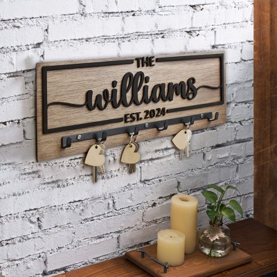 Personalised Family Name Engraved Wood Key Holder with Hooks New Home Gift Wedding Gift