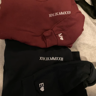 Personalised Couple Sweatshirt Hoodies With Embroidered Roman Numeral Anniversary Dates