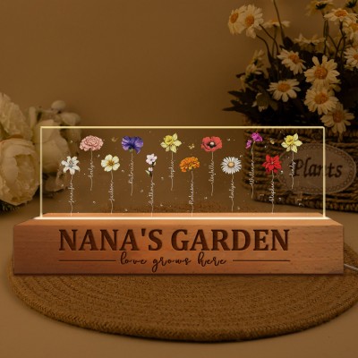 Custom Nana's Garden Birth Month Flower Wood Night Light with Kids Names Keepsake Gifts for Mum Grandma Mother's Day Gifts