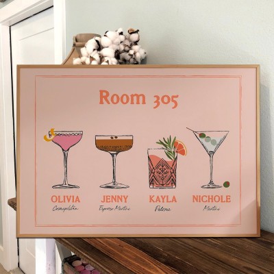 Personalised Roommates Drinks Art Print Frame with Names College Apartment Dorm Art Unique Gifts for Friends