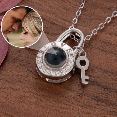 Personalised Lock Key LOVE Pendant Photo Projection Necklace Unique Gifts For Couple Anniversary Gift For Her