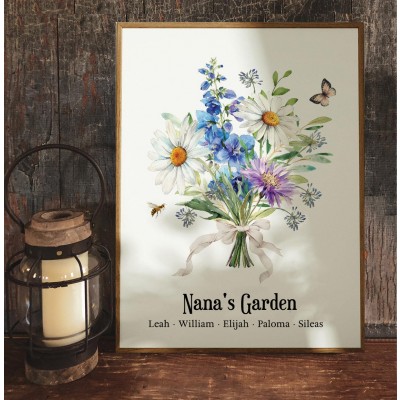 Personalised Nana's Garden Birth Flower Bouquet Frame Sign With Names Keepsake Gifts for Grandma Mum Christmas Gift Ideas