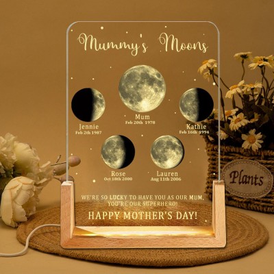 Mummy's Moon Wood Lamp Custom Moon Phase Night Light By Date with Kids Names Gift for Mother's Day Unique Gifts for Mum