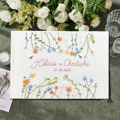 Custom Floral Hand Embroidered Wedding Guest Book Personalised Memory Book Gifts for Couple Unique Wedding Gift