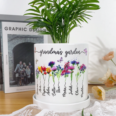 Personalised Grandma's Garden Birth Flower Pot with Grandkids Names Keepsake Gifts for Grandma Mum Mother's Day Gift