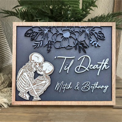 Personalised 'Til Death Skeleton Wood Sign Spooky Couples Gifts Unique Halloween Decor