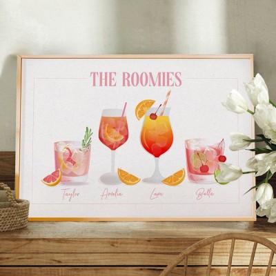 Personalised Roommates Drinks Art Print Frame with Names College Apartment Dorm Art Unique Gifts for Friends