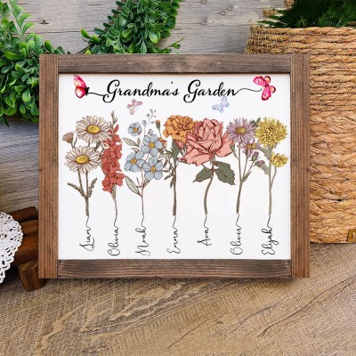 Personalised Grandma's Garden Birth Flower Wood Frame Name Sign Family Gift For Grandma Mum Mother's Day Gift