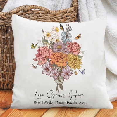 Custom Art Print Birth Flower Bouquet Pillow With Names Unique Gift Ideas for Mum Grandma Mother's Day Gifts