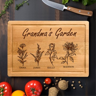 Custom Grandma's Garden Birth Month Flower Cutting Board with Grandkids Names Unique Gifts for Mum Grandma