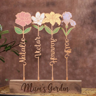 Wood Birth Flower Garden Custom Mum's Garden Sign with Kids Names Keepsake Gifts for Mum Christmas Gift