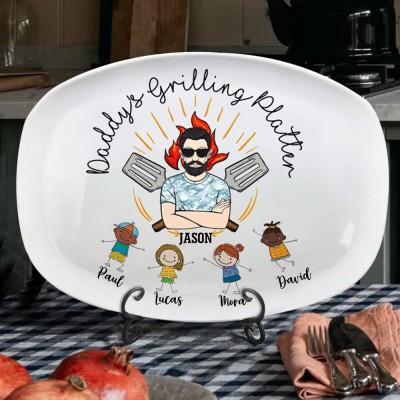 Custom Funny Daddy's Grilling Plate with Kids Name For Father's Day Gift