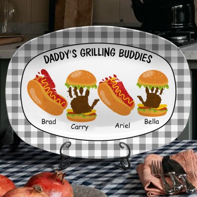 Personalised Art Print Daddy's Grilling Buddies Plate With Burger Handprint And Hot Dog Footprint Unique Father's Day Gift Ideas
