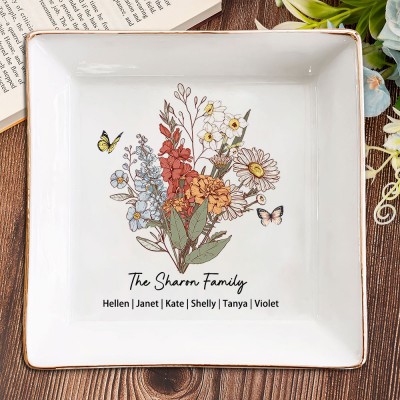Custom The Sharon Family Birth Flower Bouquet Jewellery Dish with Kids Names Gift for Mum Grandma Unique Christmas Gift