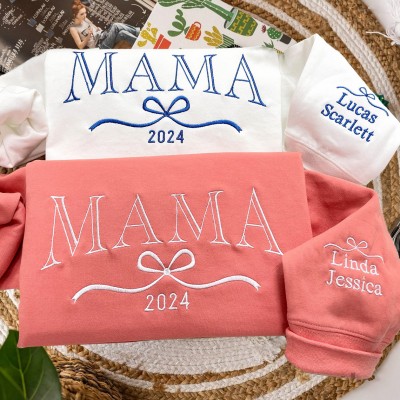 Custom Mama Embroidered Sweatshirt with Kids Names and Bow on Sleeve for Mum Grandma Mother's Day Gift Ideas