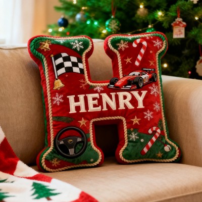 Personalised Christmas Racing Letter Pillow with Custom Name Festive Car Themed Holiday Gift Christmas Gift