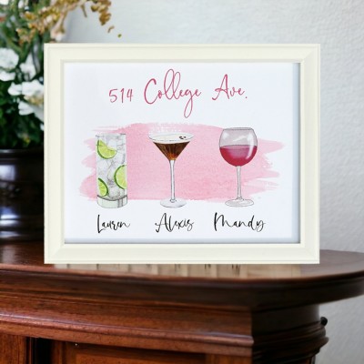 Personalised Roommates Drinks Art Print Frame with Names College Apartment Dorm Art Unique Gifts for Friends