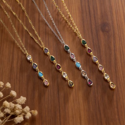 Personalised Multi Teardrop Birthstone Necklace - Custom Vertical Birthstone Jewelry for Mum or Grandma Perfect Family Keepsake For Mother's Day