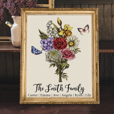 Birth Flower Family Bouquet Frame Sign with Kids Names Personalised Gifts for Mum Grandma Family Christmas Gift