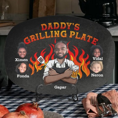 Personalised Platter with Photo and Kids Name Daddy's Grilling Plate for Father's Day Gift