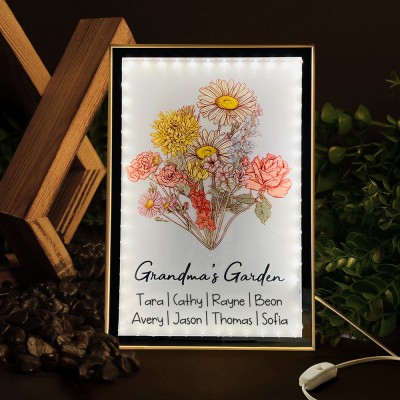 Personalised Grandma's Garden Birth Flower Print Family Bouquet Night Light Lamp With Grandkids Names Birthday Gift For Mum Grandma Unique Mother's Day Gift