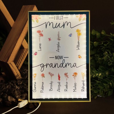 Personalised First Mum Now Grandma Birth Flower Print Night Light With Kids Names Custom Lamp Gift For Mum Grandma Birthday Gift Unique Mother's Day Gift