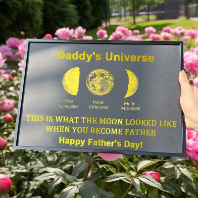 Personalised Wooden Daddy's Universe Moon Phase Frame With Kids Names Family Keepsake Father's Day Gift Ideas