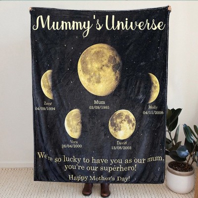 Custom Mummy's Universe Moon Phase Blanket With Kids Names Unique Gift For Mum