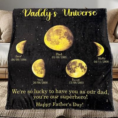 Personalised Daddy's Universe Moon Phase Blanket With Kids Names Family Gift Birthday Gift Unique Gift For Dad